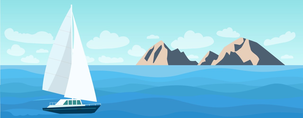 boat on left in water with rocks in the distance