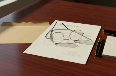 An opened formal letter on a wooden desk with reading glasses placed on top, a brown envelope, fountain pen and notepad beside it, illustrating receipt of an HMRC compliance letter requiring careful review