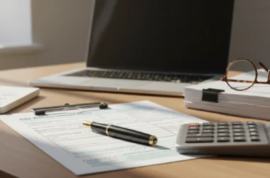 A professional desk scene with a UK Self Assessment tax return form, fountain pen, calculator, reading glasses and notepad, illustrating new reporting requirements for close company directors