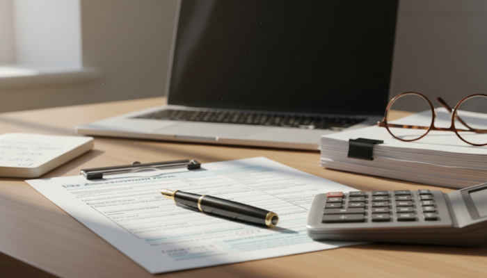 A professional desk scene with a UK Self Assessment tax return form, fountain pen, calculator, reading glasses and notepad, illustrating new reporting requirements for close company directors