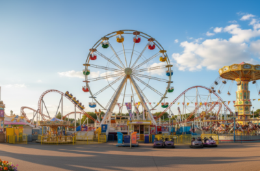 A British family theme park with a colourful Ferris wheel and amusement rides on a sunny summer day, representing family attractions covered by the temporary 5% VAT cut from 25 June to 1 September 2026