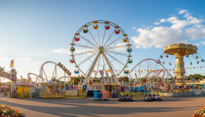 A British family theme park with a colourful Ferris wheel and amusement rides on a sunny summer day, representing family attractions covered by the temporary 5% VAT cut from 25 June to 1 September 2026