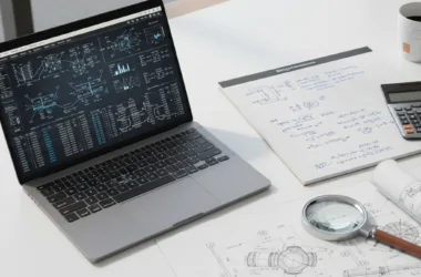 A modern office desk featuring a laptop displaying scientific data and engineering diagrams, a notebook with technical sketches, calculator and magnifying glass, illustrating research and development tax relief work