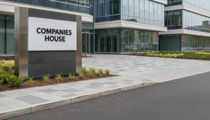 Freestanding Companies House sign by the road, illustrating mandatory software filing from April 2028
