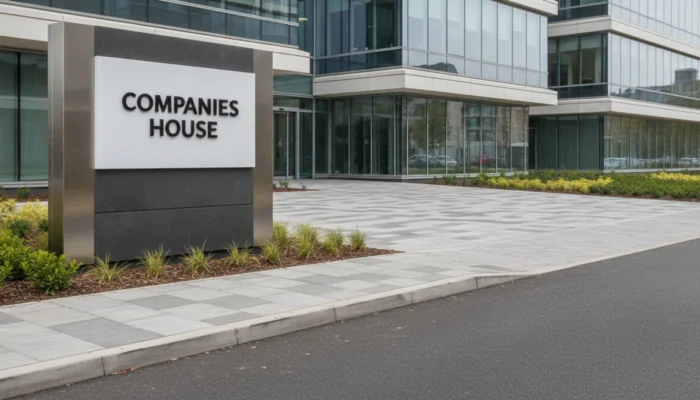 Freestanding Companies House sign by the road, illustrating mandatory software filing from April 2028