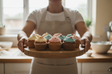 Side hustle tax: a home baker presenting a tray of decorated cupcakes
