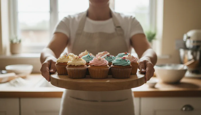 Side hustle tax: a home baker presenting a tray of decorated cupcakes