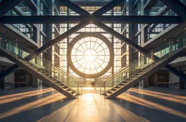Capital gains tax equalisation concept: converging lines and rising columns in a modern setting