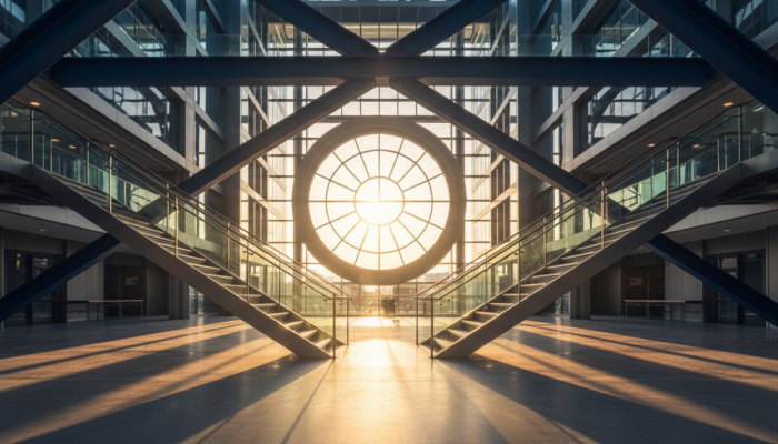 Capital gains tax equalisation concept: converging lines and rising columns in a modern setting