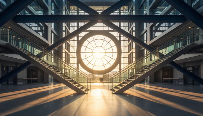 Capital gains tax equalisation concept: converging lines and rising columns in a modern setting