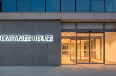 Companies House entrance sign at dusk, illustrating new profit and loss filing rules from April 2028
