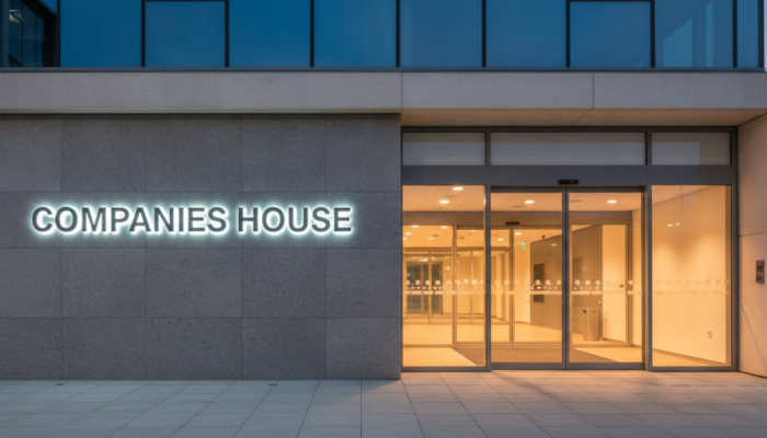 Companies House entrance sign at dusk, illustrating new profit and loss filing rules from April 2028