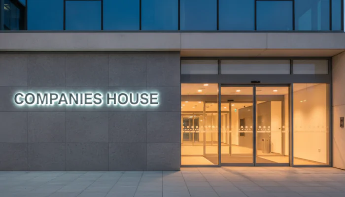 Companies House entrance sign at dusk, illustrating new profit and loss filing rules from April 2028
